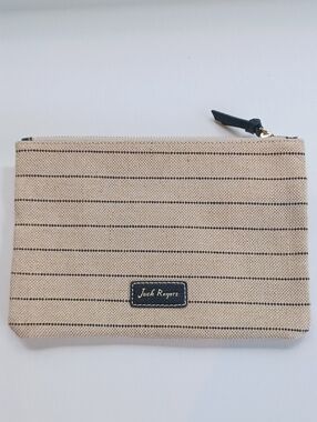 Jack Rogers Beige Striped Canvas Clutch/Pouch with Black Trim